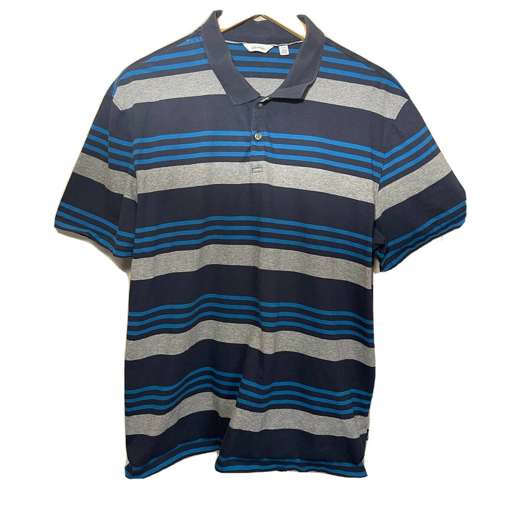 Calvin Klein Polo Short Sleeve 100% Cotton Shirt Blue Gray Striped Men’s Sz XL
